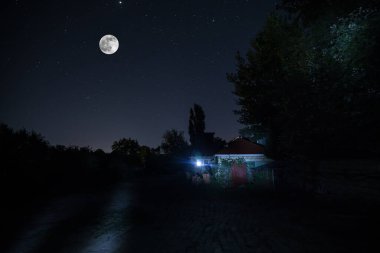 Geceleri ormanda bir hayaletin olduğu eski bir ev ya da sis içinde terk edilmiş bir korku evi. Ölü ağaç ormanındaki eski mistik bina. Geceleri aylı ağaçlar. Gerçeküstü ışıklar. Korku Cadılar Bayramı konsepti