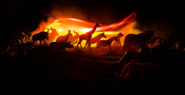 動物のグループは カラフルな背景を燃焼と霧の夜に一緒にグループ化されています 火から命を救うために逃げる動物たち 選択的焦点 — ストック写真