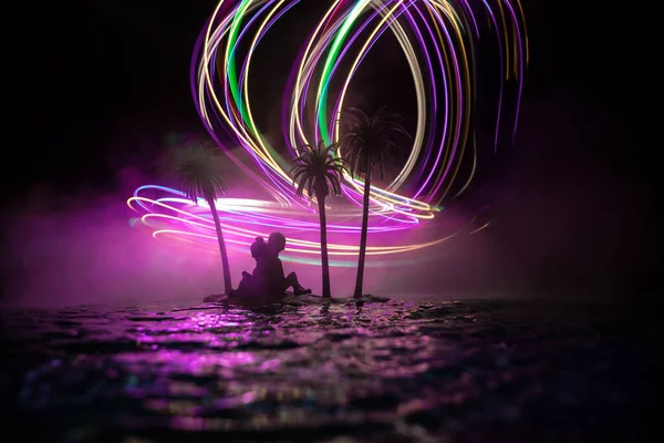 Romantisch Nachtleven Fantastische Nacht Landschap Met Kleine Eiland Met Palmen — Stockfoto