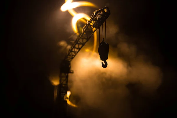 Abstract Industrial Background Construction Crane Silhouette Amazing Night Sky Fog — Stock Photo, Image