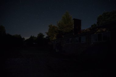 Geceleri ormanda bir hayaletin olduğu eski bir ev ya da sis içinde terk edilmiş bir korku evi. Ölü ağaç ormanındaki eski mistik bina. Geceleri aylı ağaçlar. Gerçeküstü ışıklar. Korku Cadılar Bayramı konsepti