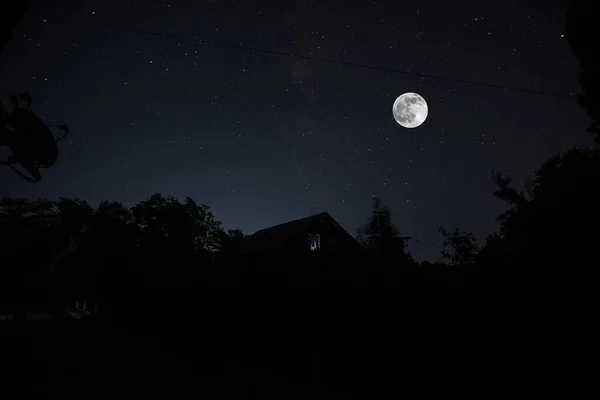 夜に森の中に幽霊と古い家や霧の中で幽霊のお化け屋敷を放棄しました 死んだ木の森の中の古い神秘的な建物 月と夜の木 本物のライトだ ホラーハロウィンのコンセプト — ストック写真