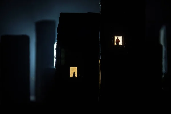 Concept Loneliness Form Silhouette Woman Man City Window Night Symbol — Stock Photo, Image