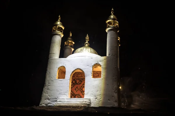 Realistic Mosque Miniature Windows Night Festive Greeting Card Invitation Muslim — Stock Photo, Image