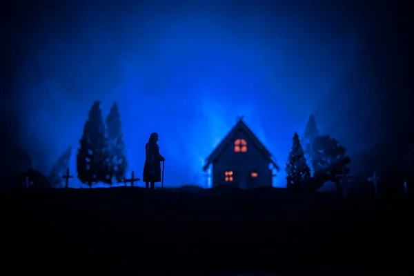 Silhouette Old Woman Cane Walking Cemetery Night Horror Halloween Concept — Stock Photo, Image