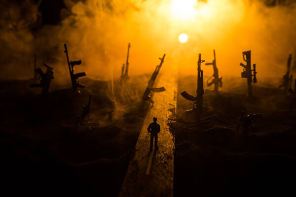 Creative artwork decoration - Russian war in Ukraine concept. Road and giant weapons with giant explosion of nuclear bomb. Selective focus