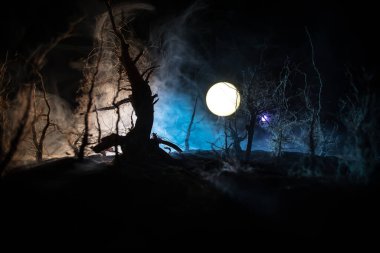 Ürkütücü karanlık manzara, sisli bir gecede bataklıktaki ağaç siluetlerini gösteriyor. Ateşin içindeki gizemli orman ve dramatik bulutlu gece gökyüzü