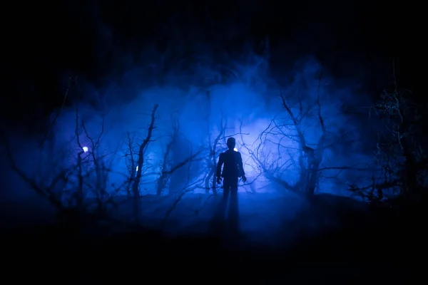 Silhouette of person standing in the dark forest. Horror halloween concept. strange silhouette in a dark spooky forest at night