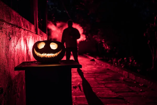 Pumpkin Burning Forest Night Scary Jack Lantern Smiling Glowing Pumpkin — Stock Photo, Image