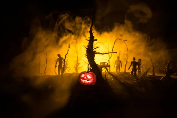 Scary View Zombies Cemetery Dead Tree Moon Church Spooky Cloudy — Stock Photo, Image