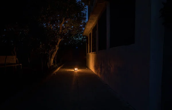 Pumpkin Burning Forest Night Abandoned Building Forest Scary Jack Lantern — Stock Photo, Image