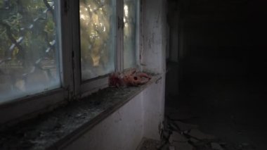 Çernobil Ukrayna 'da terk edilmiş bir evin pencere eşiğindeki eski oyuncak. Kıyamet sonrası konsepti. Seçici odak