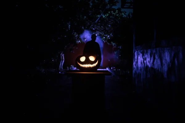 Pumpkin Burning Forest Night Abandoned Building Forest Scary Jack Lantern — Stock Photo, Image