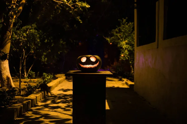 Pumpkin Burning Forest Night Abandoned Building Forest Scary Jack Lantern — Stock Photo, Image