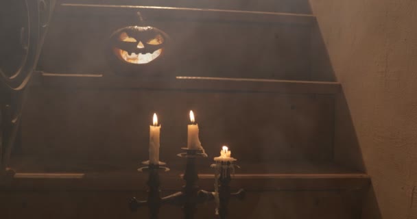 Horror Halloween Concept Creepy Abandoned Castle Old Candlestick Halloween Pumpkin — Stock Video