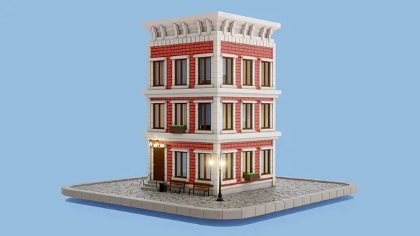 3d 벽돌로 지은 창문 이 있는 장난감 집 스톡 이미지