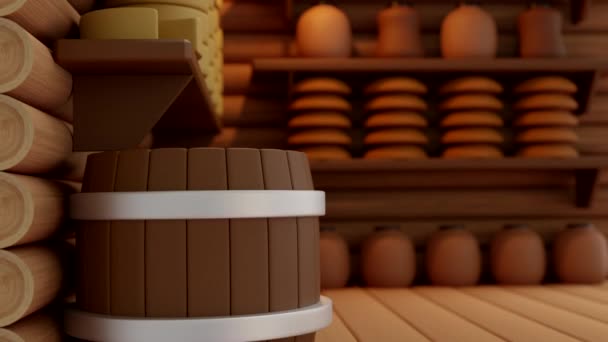 Magazzino di visualizzazione 3d con cibo, un vecchio edificio fatto di tronchi — Video Stock
