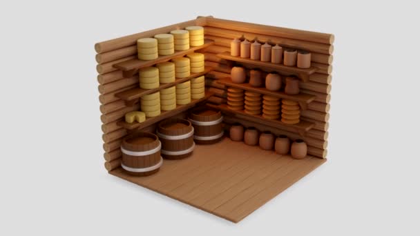 3D-s vizualizációs raktár élelmiszerrel, egy régi épület rönkökből — Stock videók