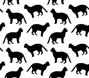 Beyaz arkaplanda izole edilmiş el çizimi kedi siluetinin vektörsüz deseni
