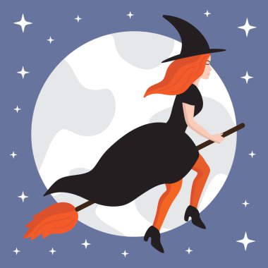 Vector düz çizgi film el çizimi cadı uçan süpürge gökyüzü ve ay arka planı izole