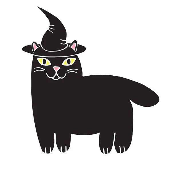 Vector Dibujado Mano Garabato Boceto Negro Halloween Gato Sombrero Bruja — Archivo Imágenes Vectoriales