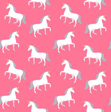 Pembe arka planda izole edilmiş düz çizgi film tek boynuzlu atının vektörsüz deseni