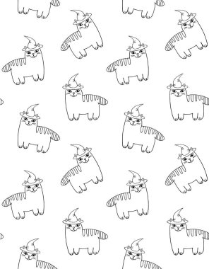 Beyaz arka planda izole edilmiş cadı şapkalı Cadılar Bayramı kedisi çizimi.