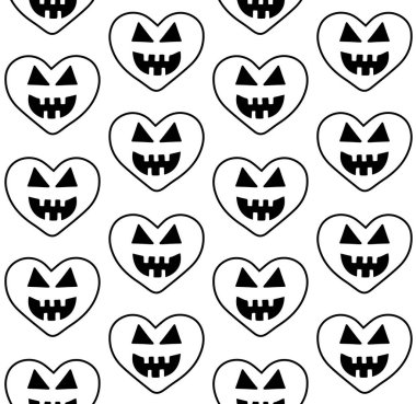 Kusursuz düz el çizilmiş kalpler ve arka planda izole edilmiş balkabağı yüzlü vektör deseni.