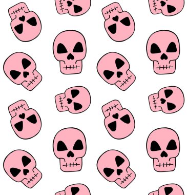 El çiziminin kusursuz çizimleri, pembe kafatasları ve beyaz arka planda izole edilmiş kemikler.