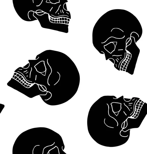 Patrón Sin Costura Vectorial Dibujar Garabatos Dibujados Mano Cráneos Humanos — Vector de stock