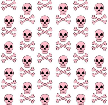 El çiziminin kusursuz çizimleri, pembe kafatasları ve beyaz arka planda izole edilmiş kemikler.