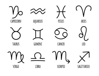 Vektör kümesi el çizimi karalama çizimi astrolojik zodyak işareti beyaz arkaplanda izole