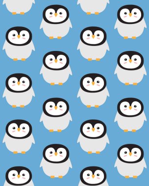 Mavi arka planda izole edilmiş düz karikatür penguenlerinin el çizimlerinin vektörsüz deseni