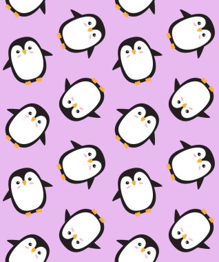 Lavanta arkaplanda izole edilmiş düz el çizimi penguen vektörsüz desen