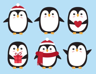 Mavi arka planda izole edilmiş şapka ve eşarplı düz penguen demeti.