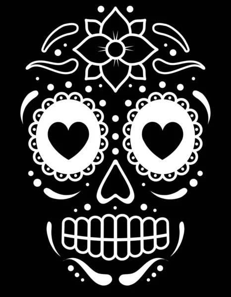 黒の背景に隔離されたベクトルフラットメキシコの砂糖の頭蓋骨の顔 — ストックベクタ