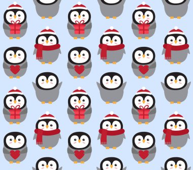 Mavi arka plan üzerinde izole düz karikatür penguen Vektör sorunsuz desen