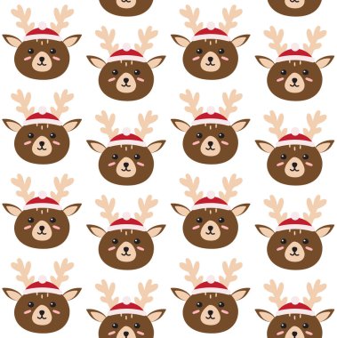 Beyaz arka planda izole edilmiş Noel şapkalı düz çizgi film karikatür geyik yüzü.