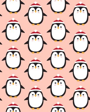 Pembe arka planda izole edilmiş şapkalı ve atkılı düz penguen deseni.