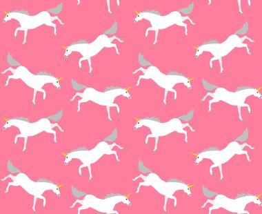 Pembe arka planda izole edilmiş düz çizgi film tek boynuzlu atının vektörsüz deseni