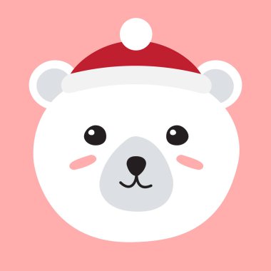 Vector flat cartoon polar bear face in winter hat isolated on pink background