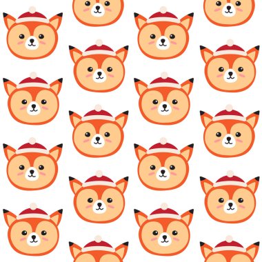 Vector seamless pattern of flat cartoon doodle fox face head in Christmas hat isolated on white background