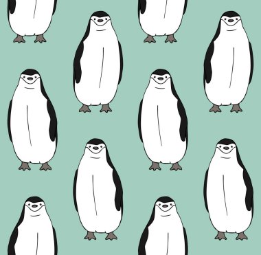 El çiziminin vektörsüz deseni. Naneli arka planda izole edilmiş karalama çizimi pengueni.