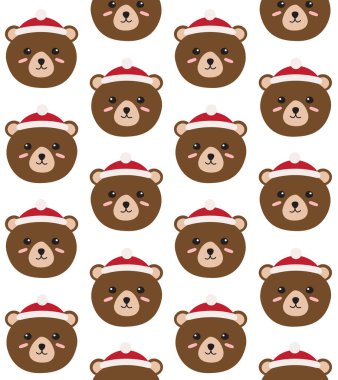 Beyaz arka planda izole edilmiş Noel şapkalı düz elli ayı yüzlü vektör deseni