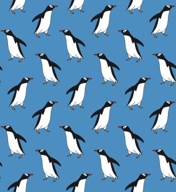 El çiziminin kusursuz çizimi. Mavi arkaplanda izole edilmiş penguen çizimi.