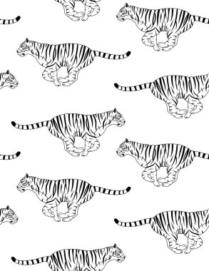 Beyaz arka planda izole edilmiş düz el çizgili kaplanın vektörsüz deseni