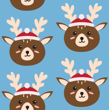 Mavi arka planda izole edilmiş Noel şapkalı düz çizgi film karikatür geyik yüzü.