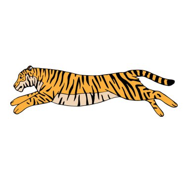 Vektör el çizimi beyaz arka planda izole edilmiş renkli zıplayan kaplan çizimi