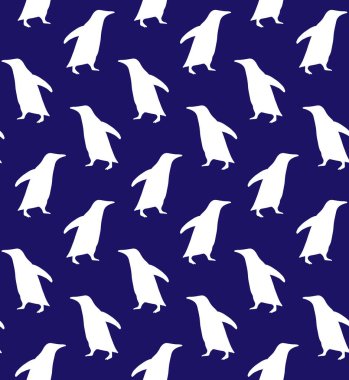 Mavi arkaplanda izole edilmiş el çizimi penguen siluetinin vektörsüz deseni
