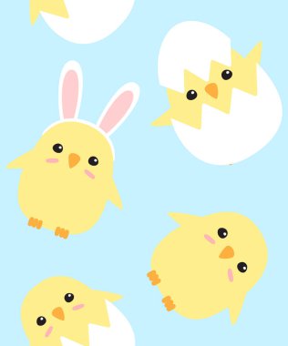 Mavi arka planda izole edilmiş düz karalamalı paskalya yavrularının kusursuz el çizimi kalıpları